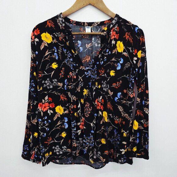 Old Navy Womens Boho Floral Print V-Neck Top Small Black Pullover Blouse Pleated - Picture 3 of 15